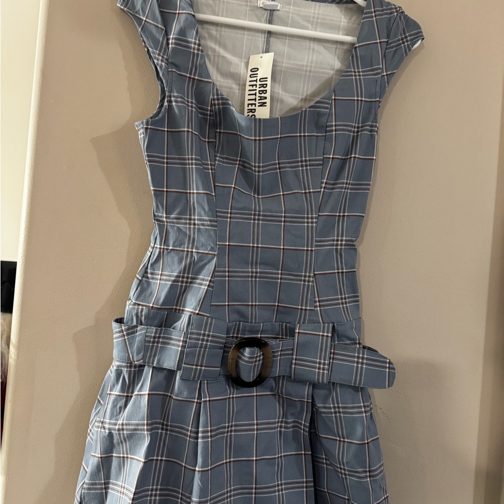 Urban Outfitters Blue Plaid Mini Dress with Belt